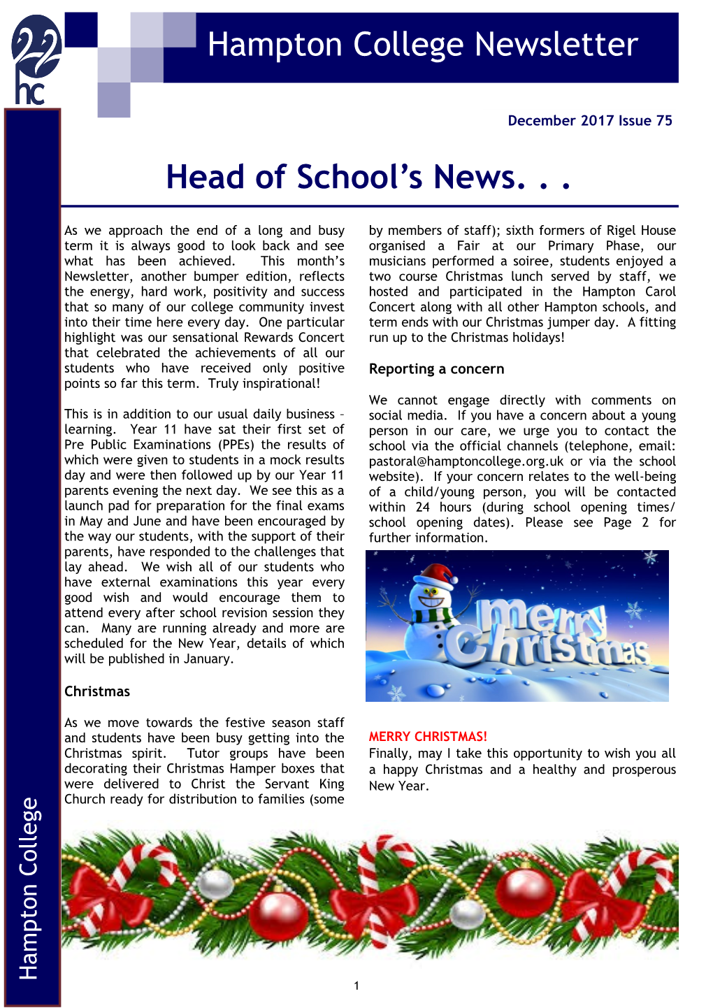 December 2017 Issue 75 Head of School’S News