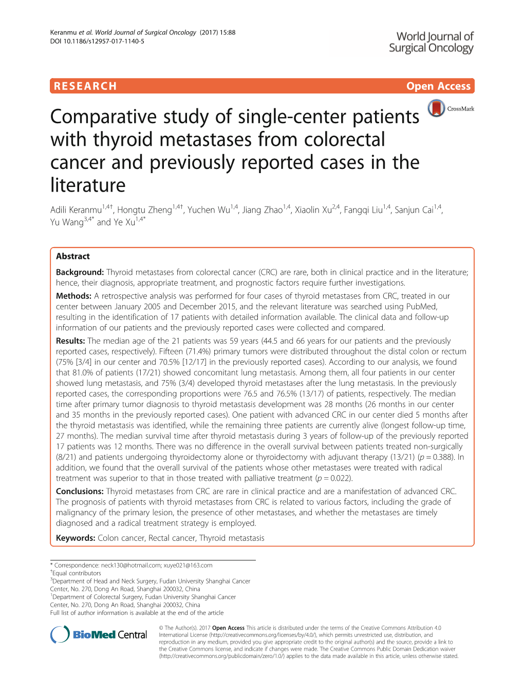 Comparative Study of Single-Center Patients with Thyroid Metastases