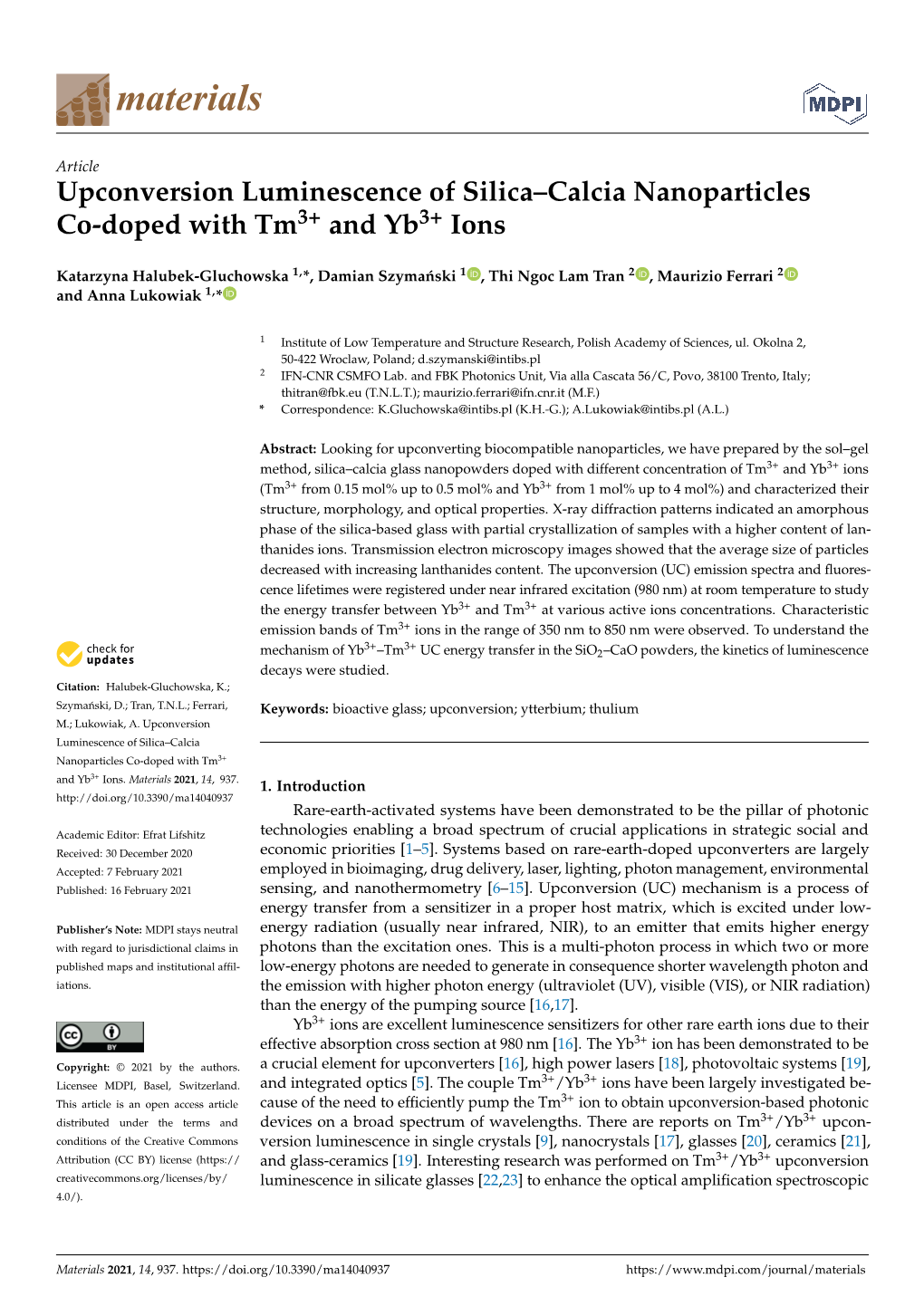 Upconversion Luminescence of Silica–Calcia Nanoparticles Co-Doped with Tm3+ and Yb3+ Ions