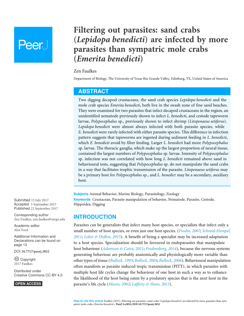 Sand Crabs (Lepidopa Benedicti) Are Infected by More Parasites Than Sympatric Mole Crabs (Emerita Benedicti)