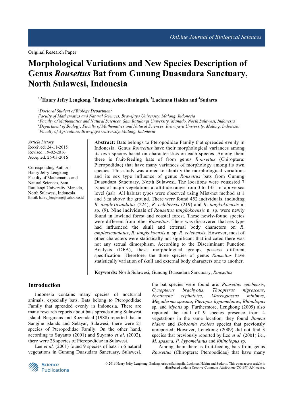 Morphological Variations and New Species Description of Genus Rousettus Bat from Gunung Duasudara Sanctuary, North Sulawesi, Indonesia