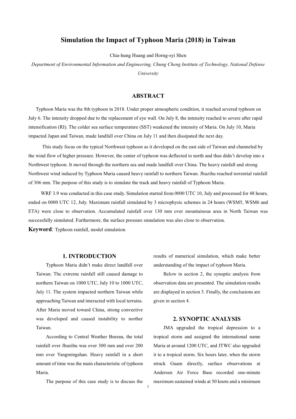 Simulation the Impact of Typhoon Maria (2018) in Taiwan