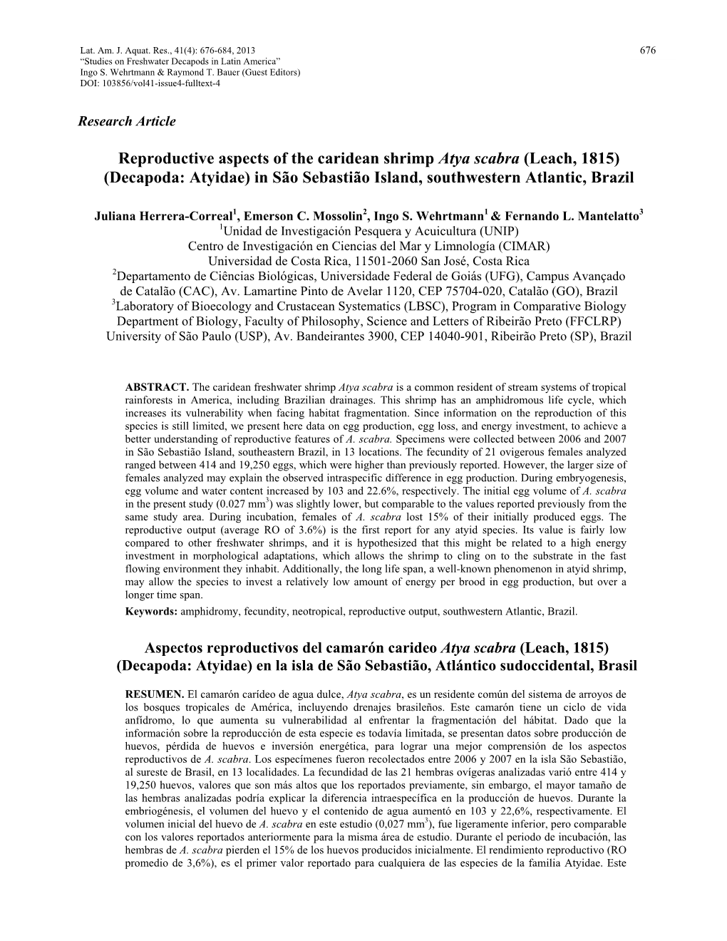 Reproductive Aspects of the Caridean Shrimp Atya Scabra (Leach, 1815) (Decapoda: Atyidae) in São Sebastião Island, Southwestern Atlantic, Brazil