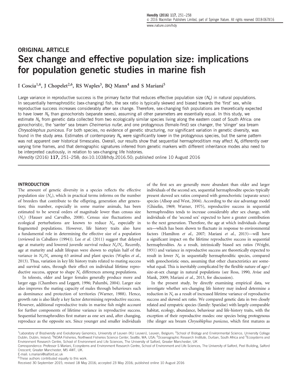 Sex Change and Effective Population Size: Implications for Population Genetic Studies in Marine ﬁsh