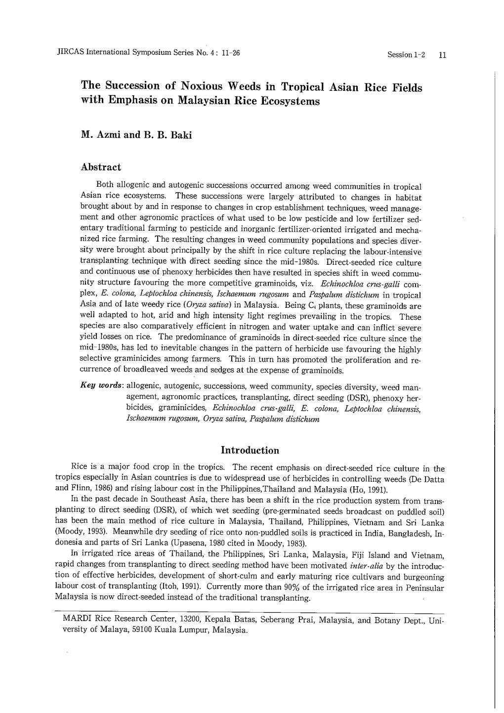 The Succession of Noxious Weeds in Tropical Asian Rice Fields with Emphasis on Malaysian Rice Ecosystems