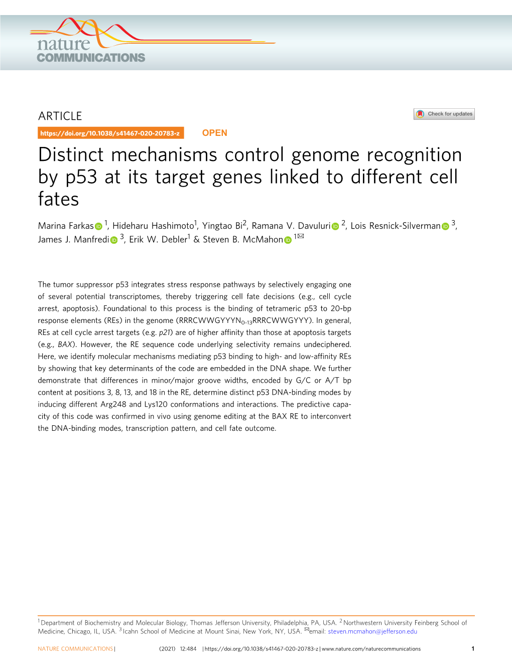 Distinct Mechanisms Control Genome Recognition by P53 at Its Target Genes Linked to Different Cell Fates