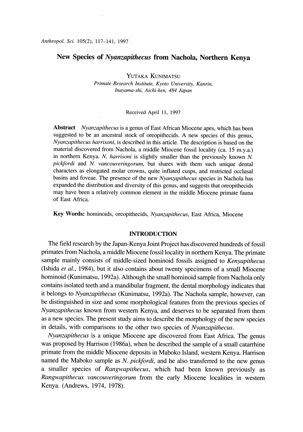 New Species of Nyanzapithecus from Nachola, Northern Kenya