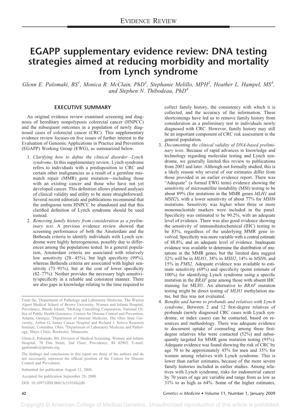 EGAPP Supplementary Evidence Review: DNA Testing Strategies Aimed at Reducing Morbidity and Mortality from Lynch Syndrome Glenn E