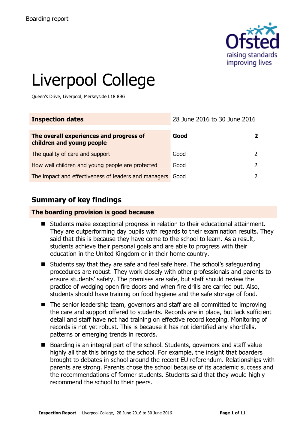Ofsted Boarding Report for Liverpool College (June 2016)