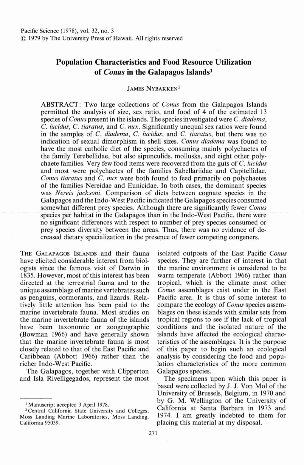 Population Characteristics and Food Resource Utilization of Conus in the Galapagos Islands!