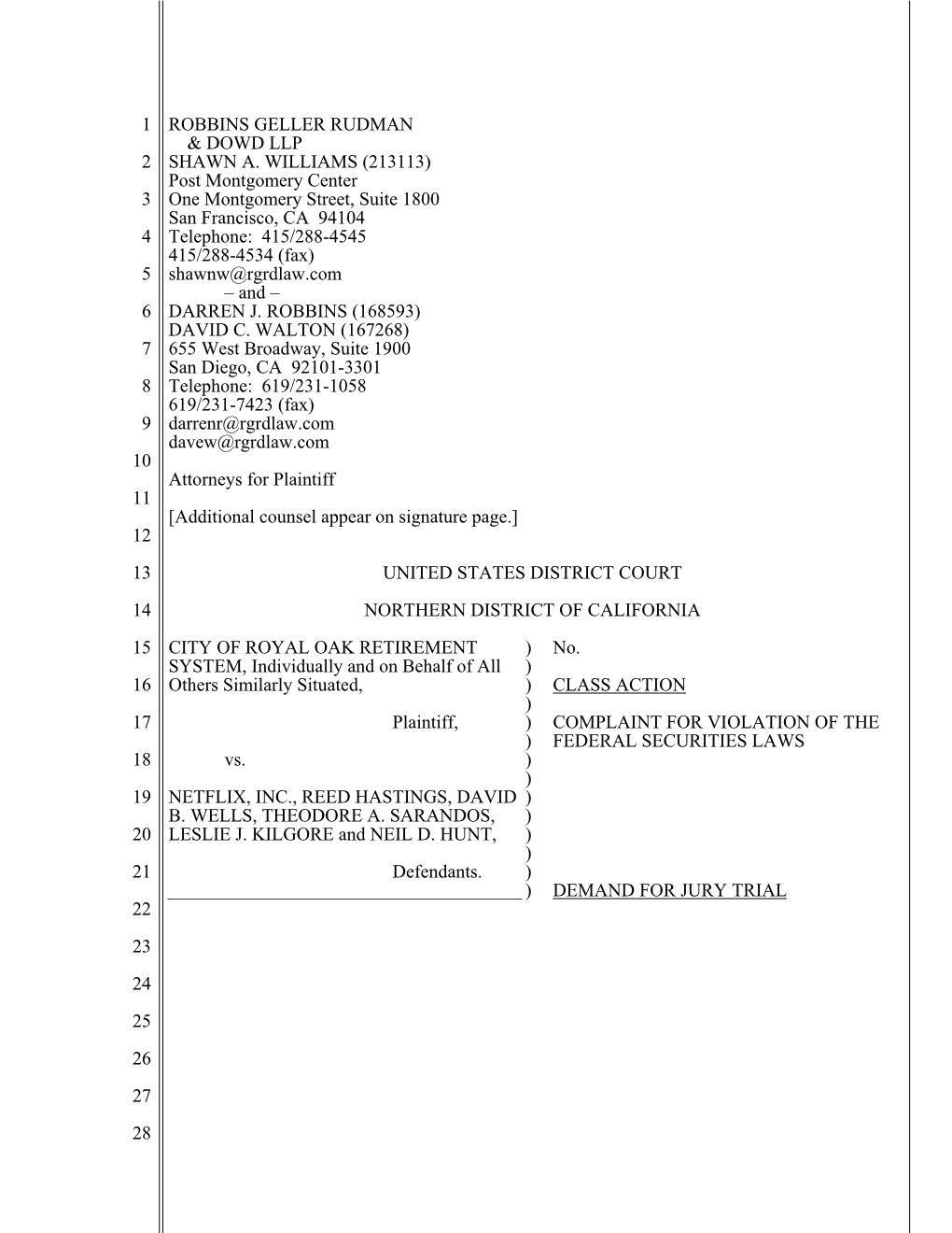 COMPLAINT for VIOLATION of the ) FEDERAL SECURITIES LAWS 18 Vs