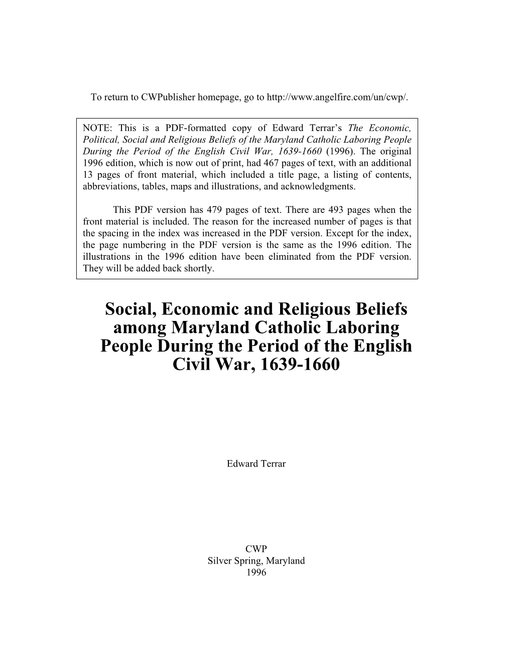 Social, Economic and Religious Beliefs Among Maryland Catholic Laboring People During the Period of the English Civil War, 1639-1660