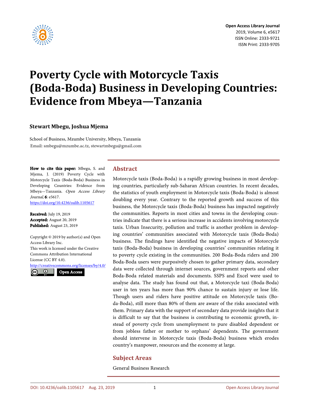 Boda-Boda) Business in Developing Countries: Evidence from Mbeya—Tanzania
