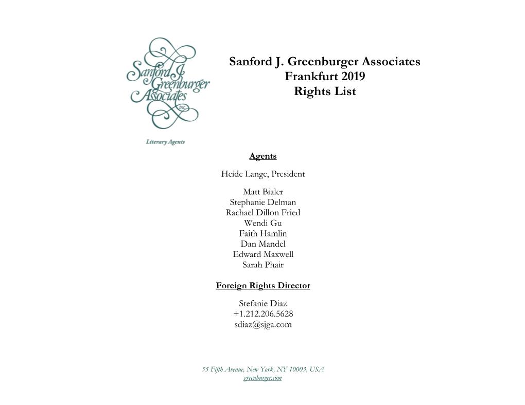 Sanford J. Greenburger Associates Frankfurt 2019 Rights List