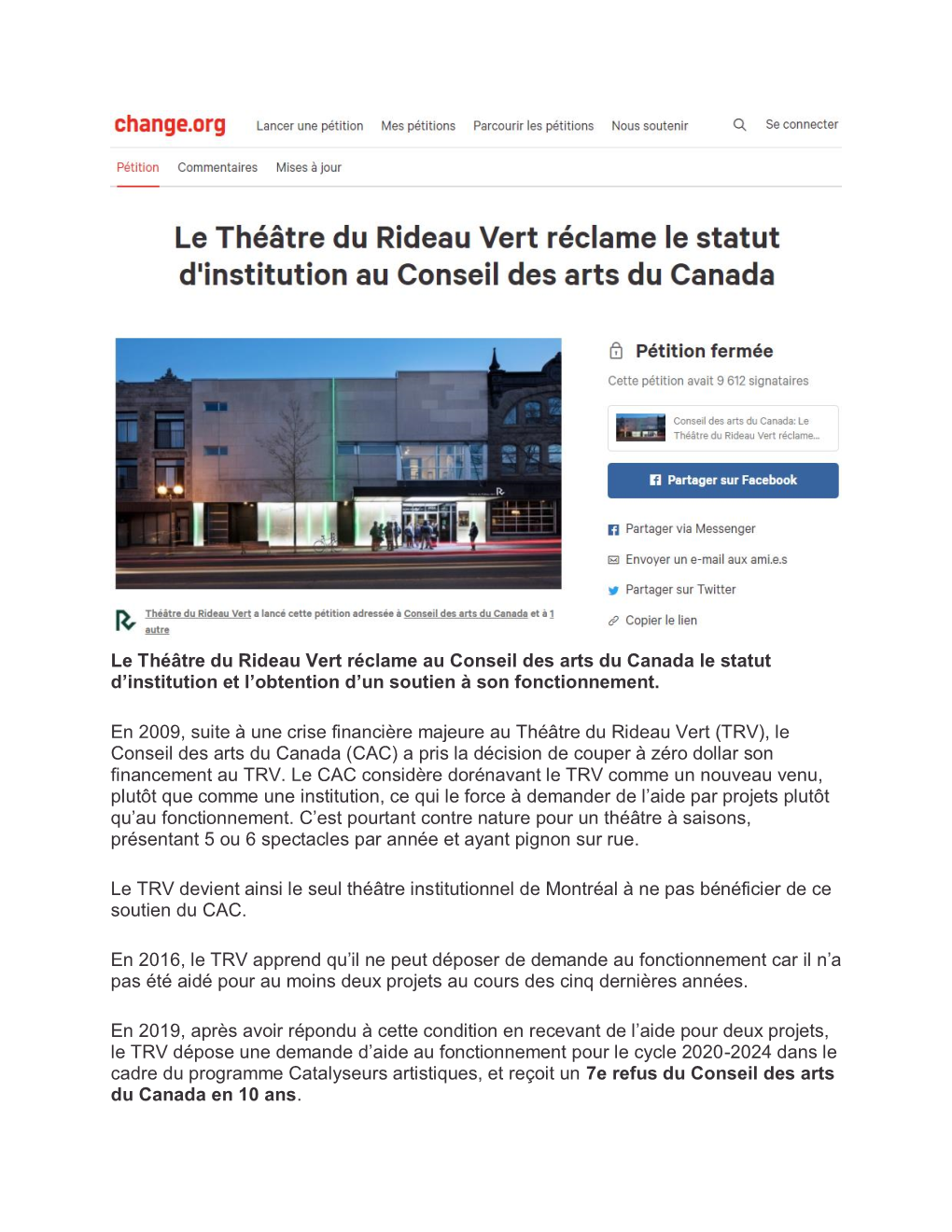 Le Théâtre Du Rideau Vert Réclame Au Conseil Des Arts Du Canada Le Statut D’Institution Et L’Obtention D’Un Soutien À Son Fonctionnement