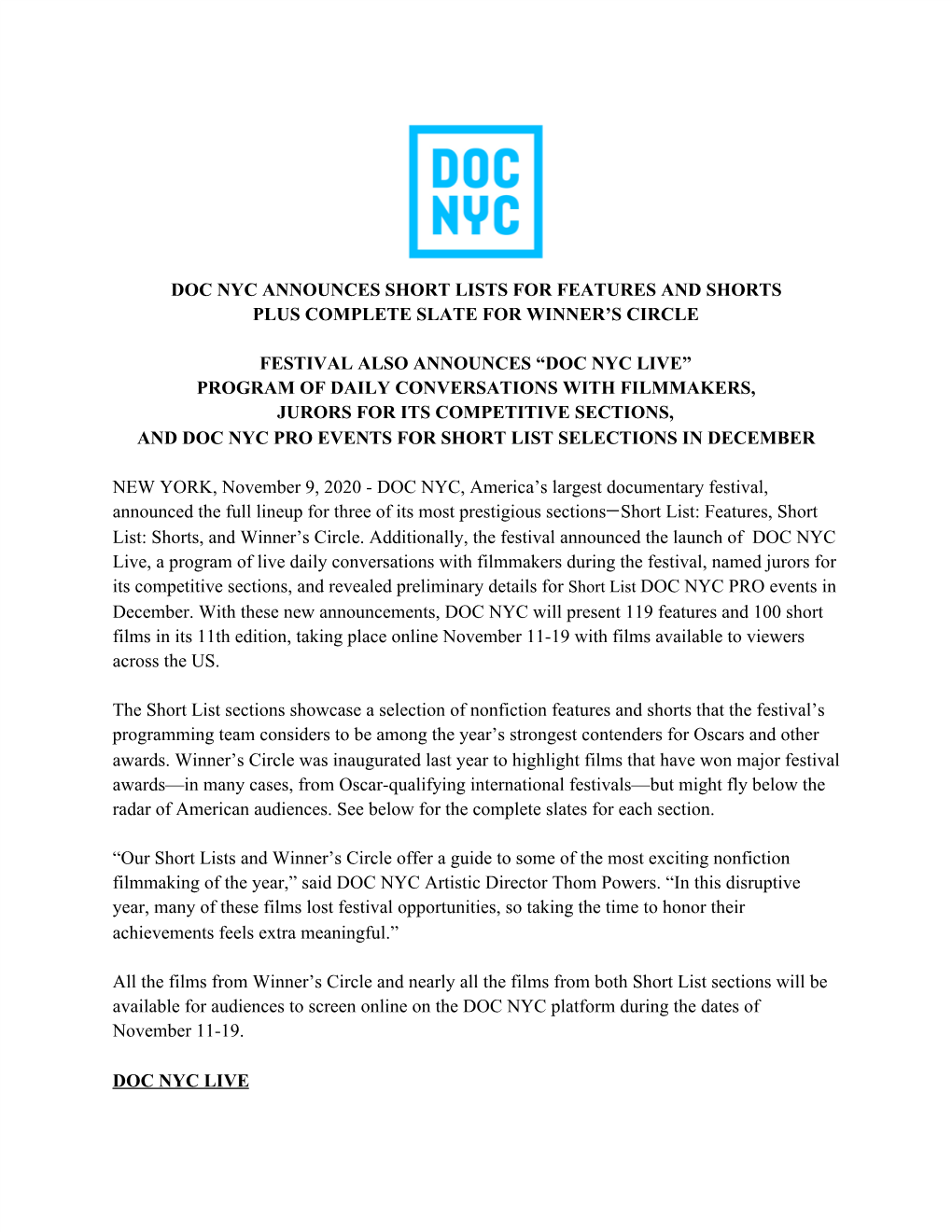 Doc Nyc Announces Short Lists for Features and Shorts Plus Complete Slate for Winner’S Circle