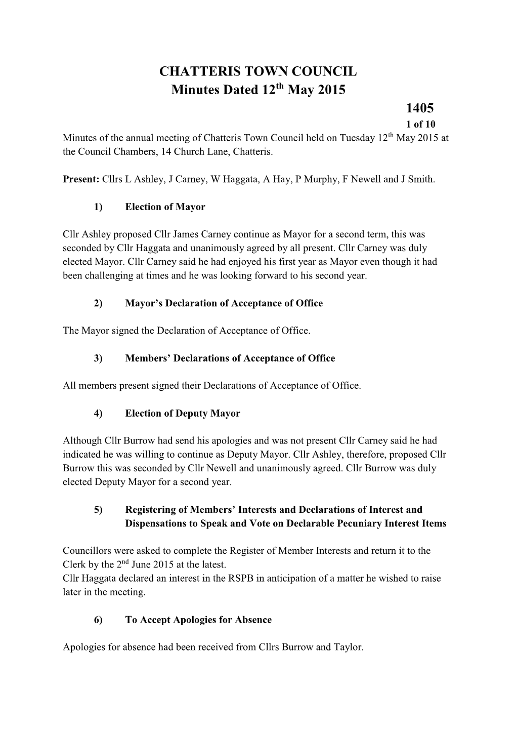 CHATTERIS TOWN COUNCIL Minutes Dated 12Th May 2015 1405