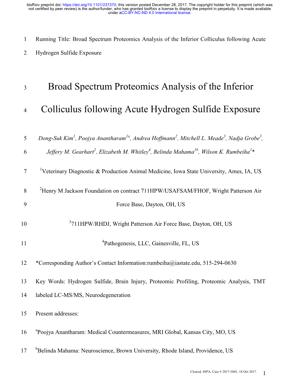 Broad Spectrum Proteomics Analysis of the Inferior Colliculus Following Acute