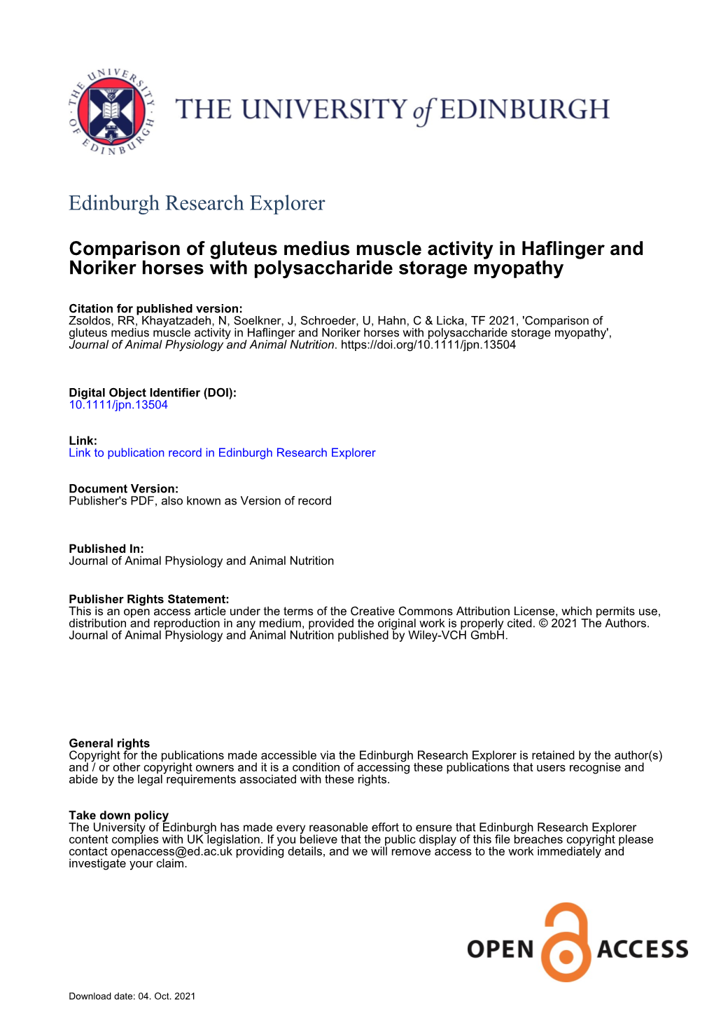 Comparison of Gluteus Medius Muscle Activity in Haflinger and Noriker Horses with Polysaccharide Storage Myopathy', Journal of Animal Physiology and Animal Nutrition