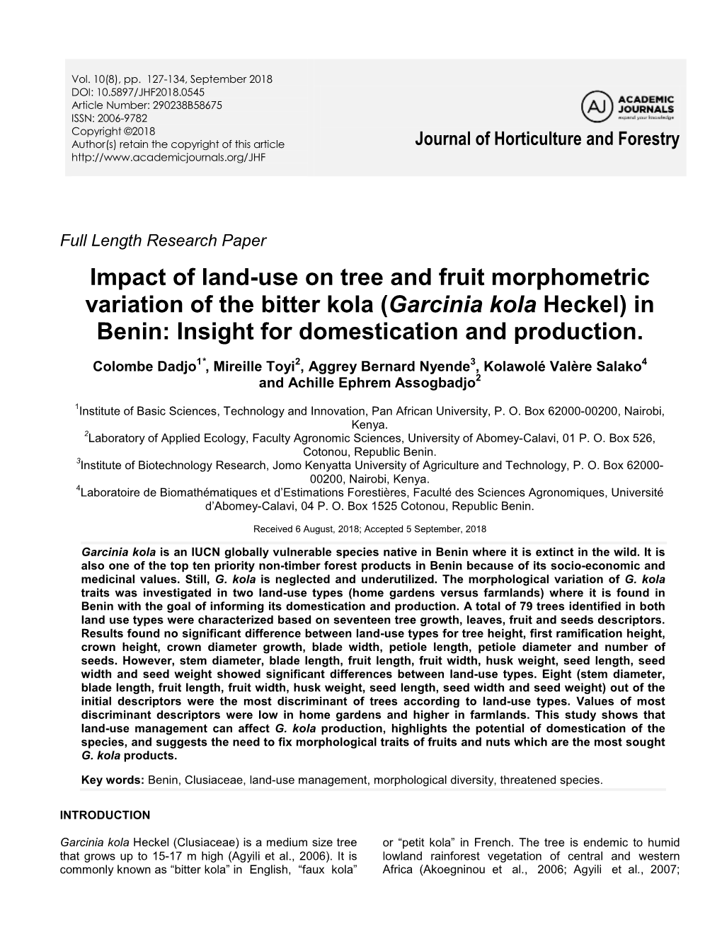 (Garcinia Kola Heckel) in Benin: Insight for Domestication and Production