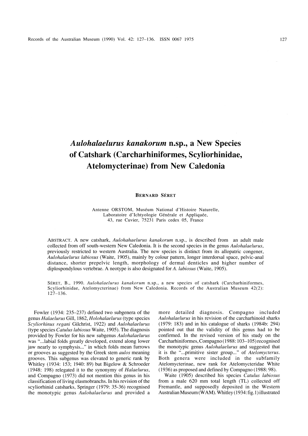 <I>Aulohalaelurus Kanakorum</I> N.Sp., a New Species of Catshark (Carcharhiniformes, Scyliorhinidae, Atelomycterinae