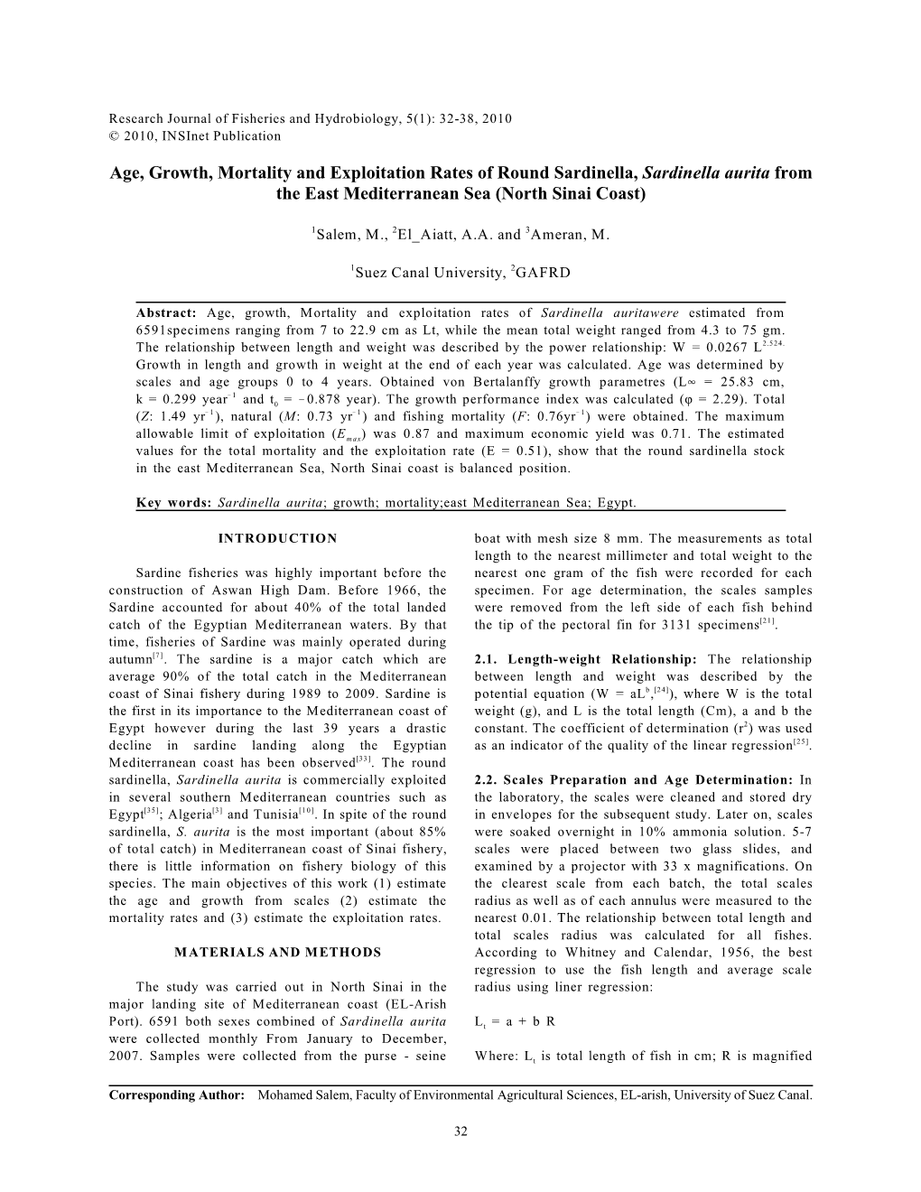 Age, Growth, Mortality and Exploitation Rates of Round Sardinella, Sardinella Aurita from the East Mediterranean Sea (North Sinai Coast)