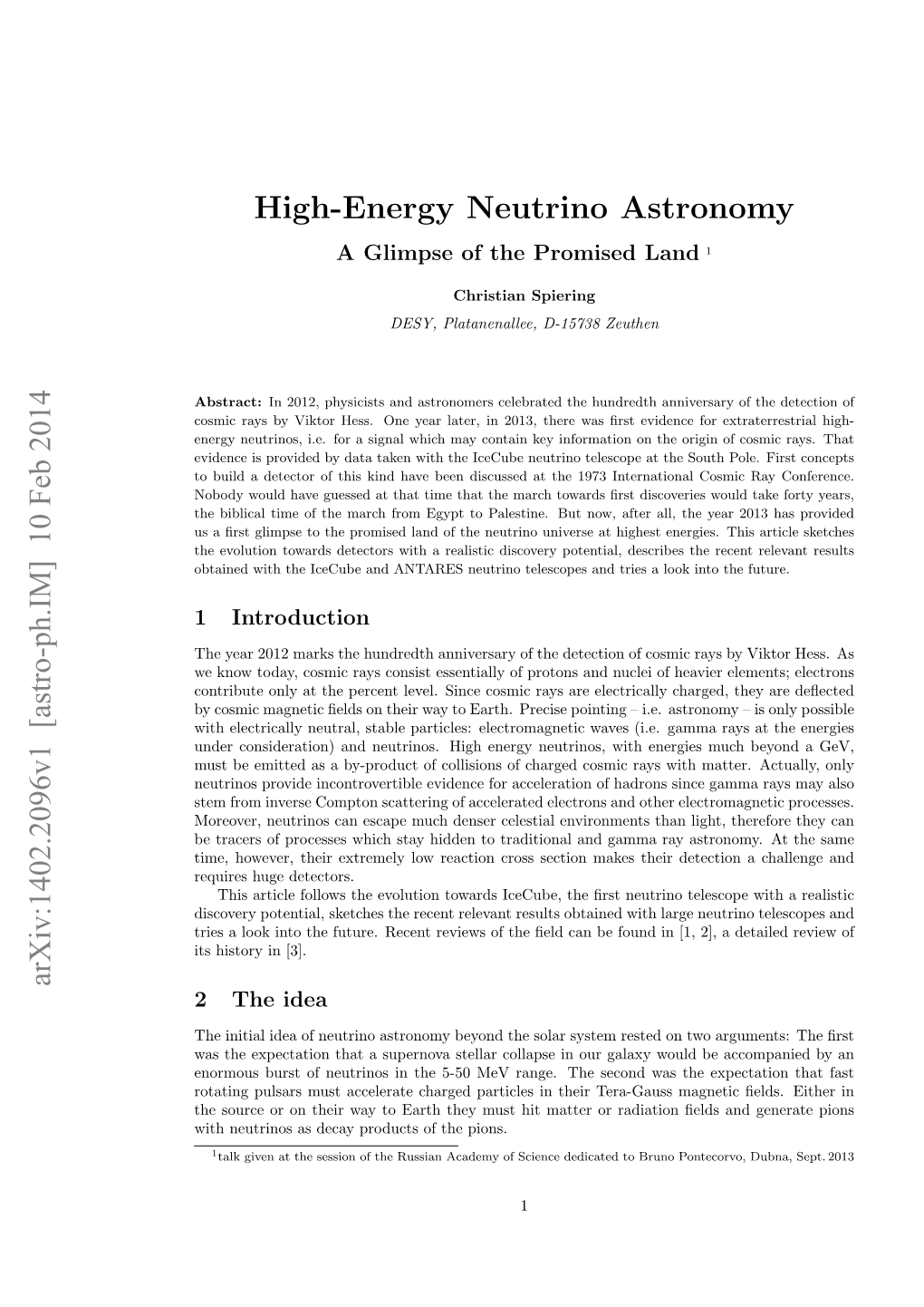 High-Energy Neutrino Astronomy Arxiv:1402.2096V1 [Astro-Ph.IM] 10