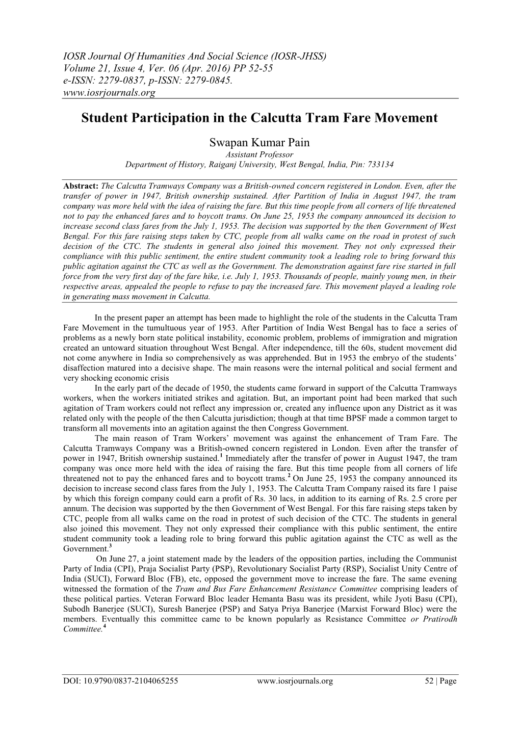 Student Participation in the Calcutta Tram Fare Movement