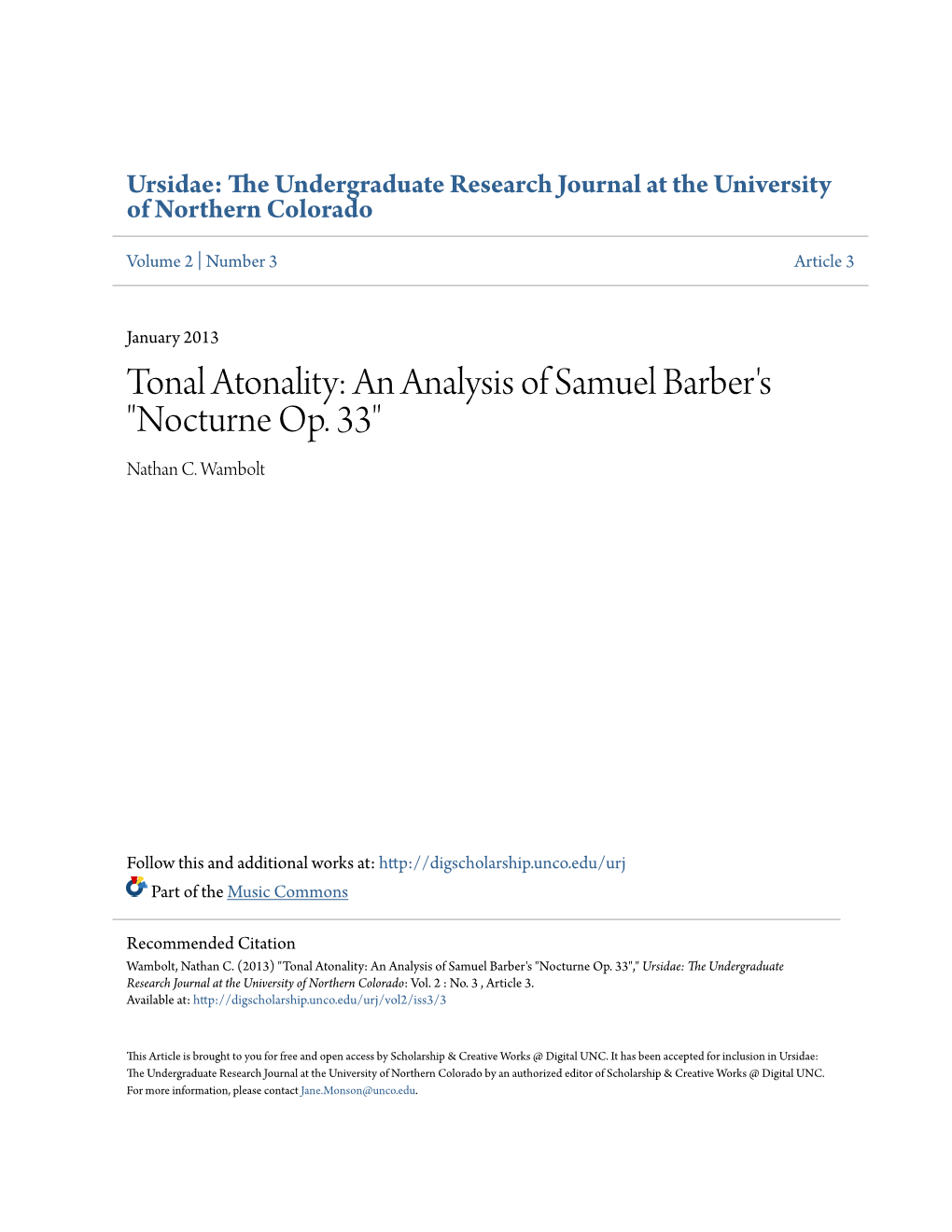 Tonal Atonality: an Analysis of Samuel Barber's 