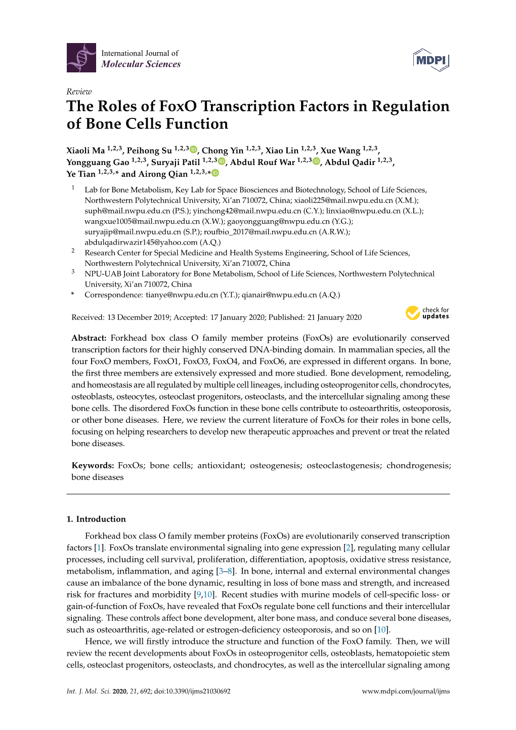 The Roles of Foxo Transcription Factors in Regulation of Bone Cells Function