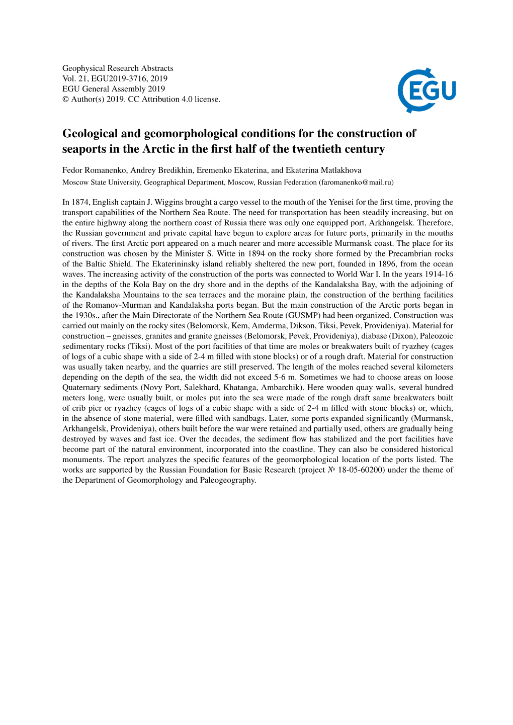 Geological and Geomorphological Conditions for the Construction of Seaports in the Arctic in the ﬁrst Half of the Twentieth Century