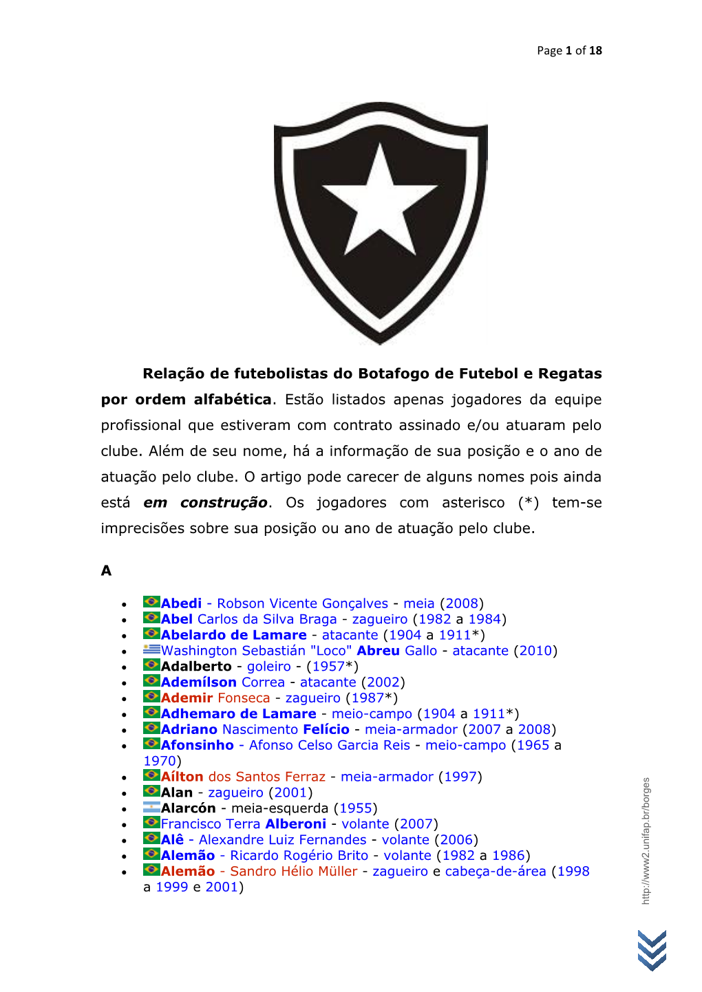 Futebolistas Do Botafogo Em Ordem Alfabética