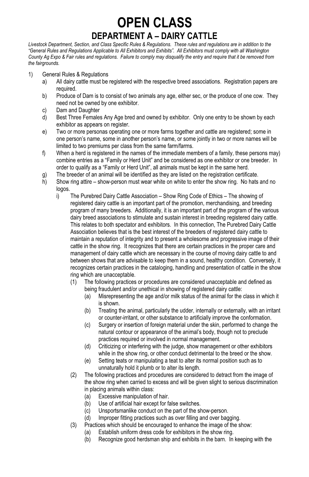 OPEN CLASS DEPARTMENT a – DAIRY CATTLE Livestock Department, Section, and Class Specific Rules & Regulations