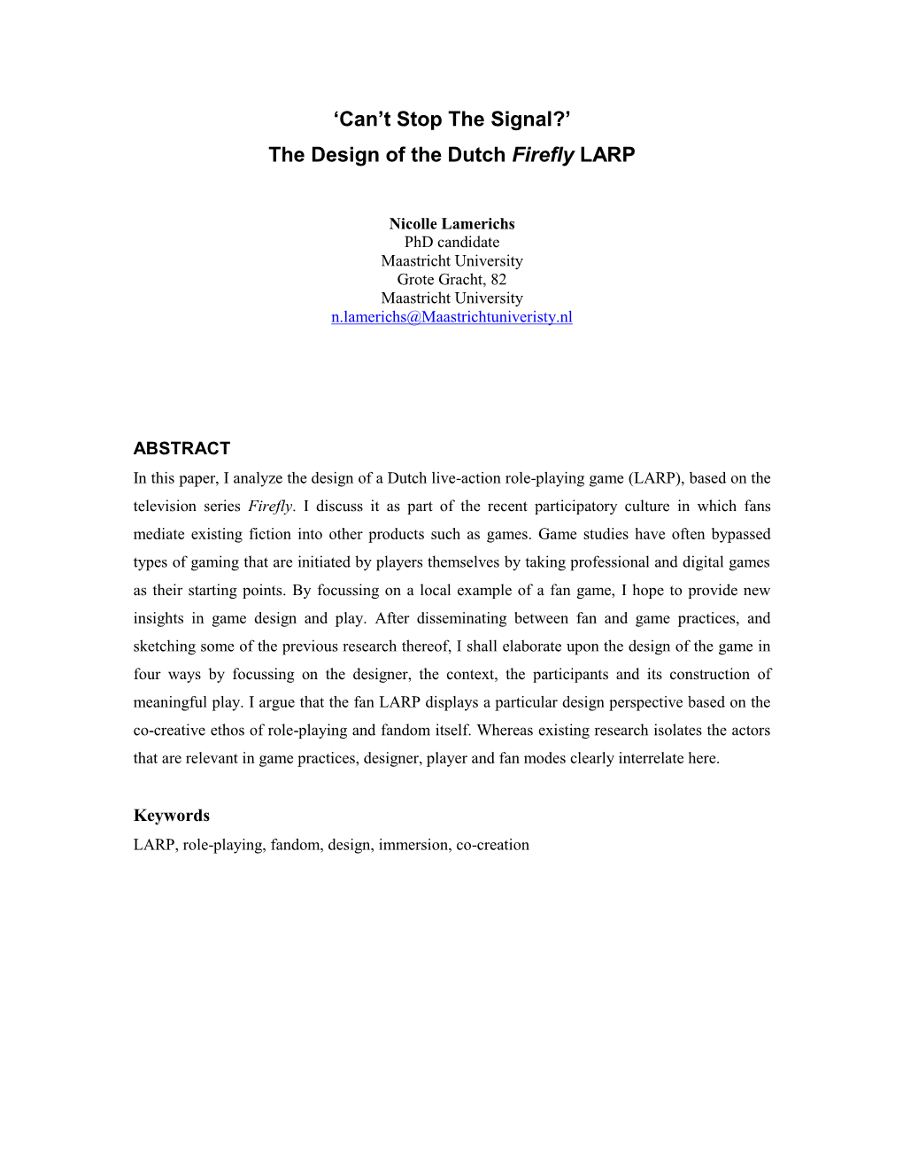 Firefly Returns: Analyzing the Design of a Dutch Fan LARP