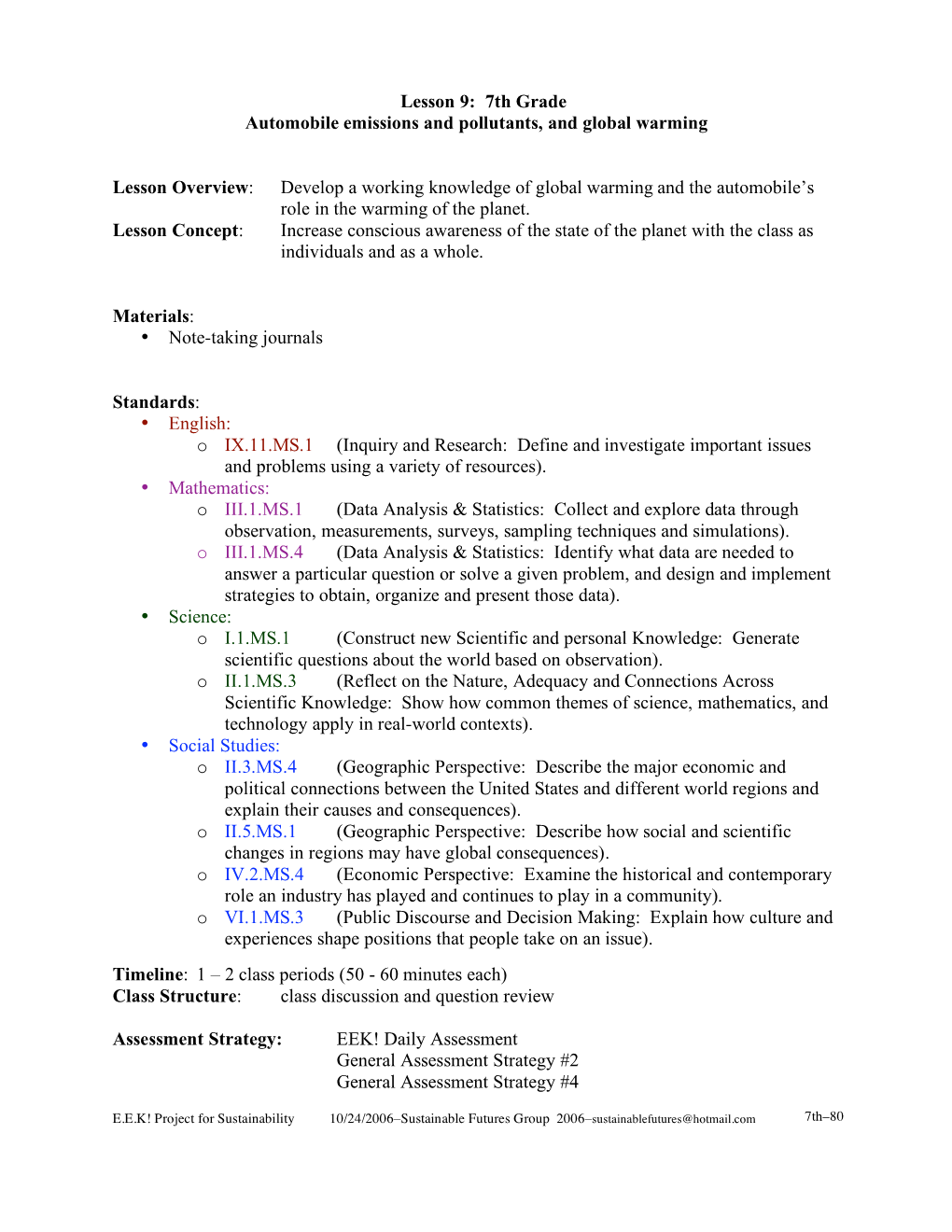 7Th Grade Automobile Emissions and Pollutants, and Global Warming