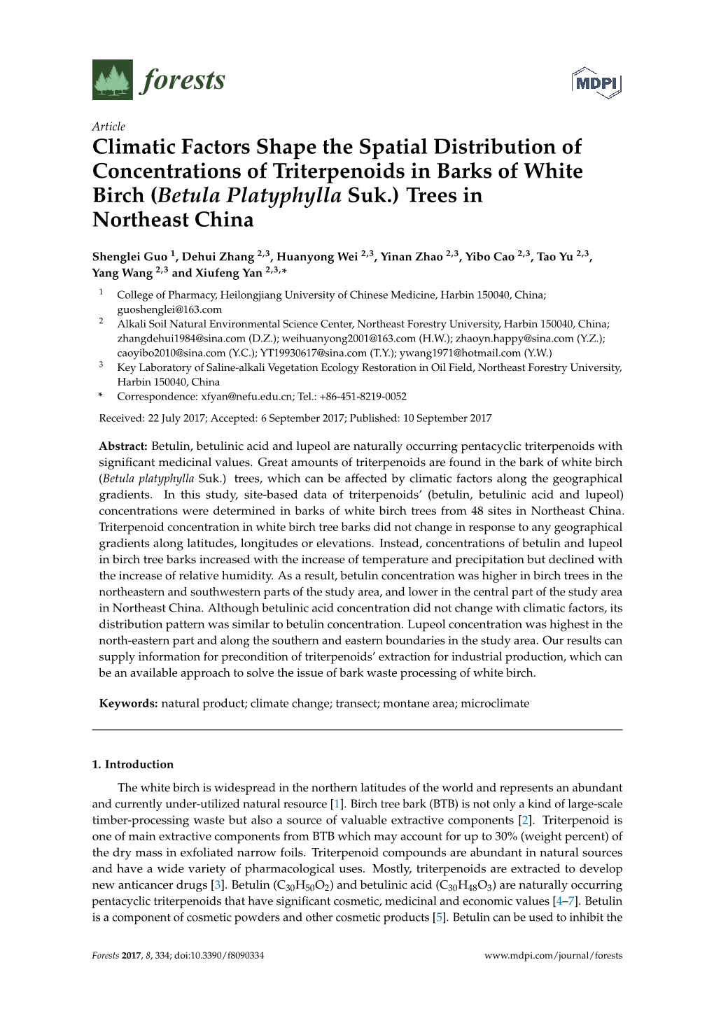 Climatic Factors Shape the Spatial Distribution of Concentrations of Triterpenoids in Barks of White Birch (Betula Platyphylla Suk.) Trees in Northeast China