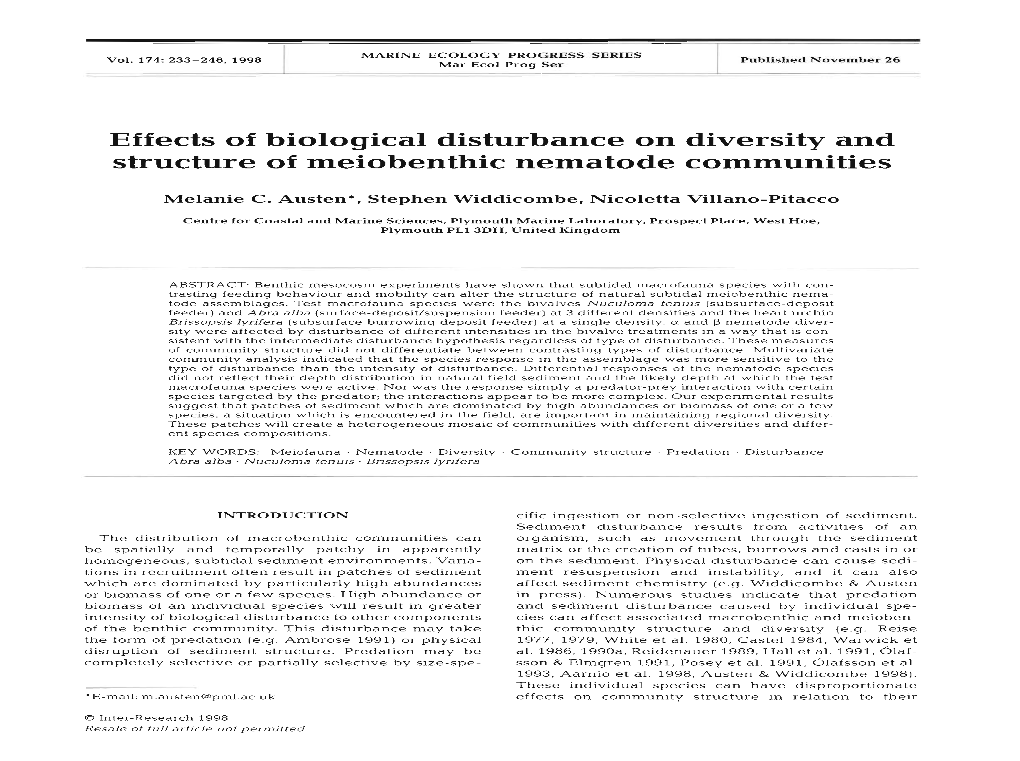 Effects of Biological Disturbance on Diversity and Structure of Meiobenthic Nematode Communities