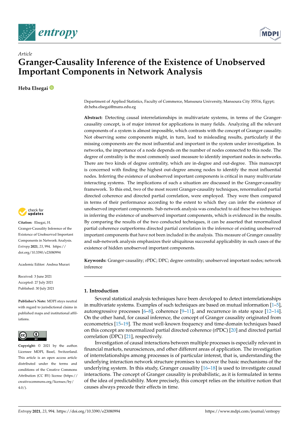 Granger-Causality Inference of the Existence of Unobserved Important Components in Network Analysis