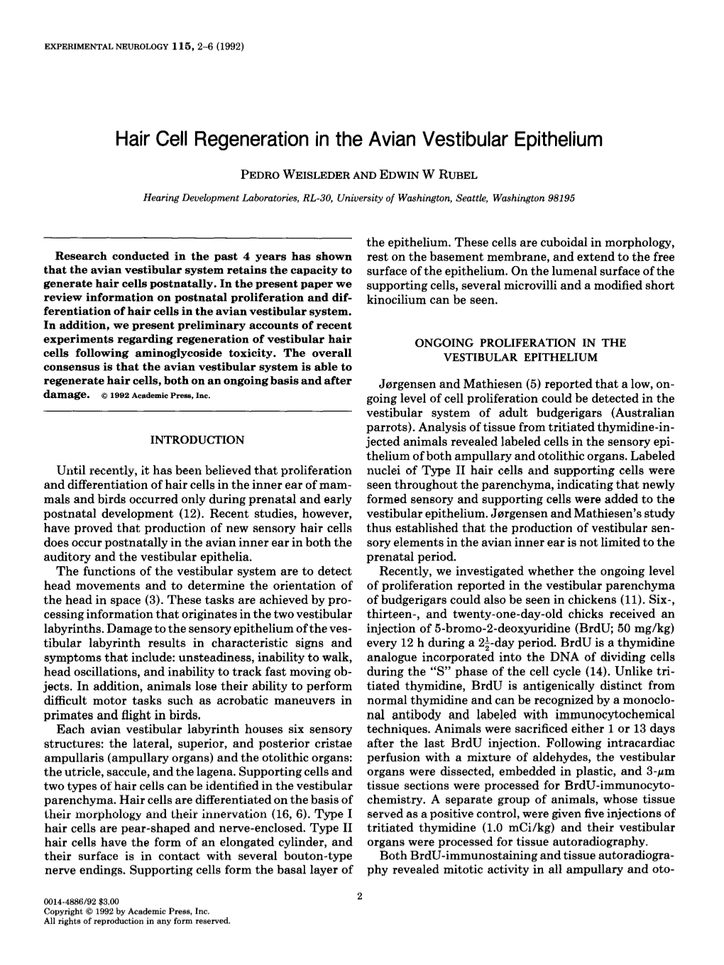 Hair Cell Regeneration in the Avian Vestibular Epithelium