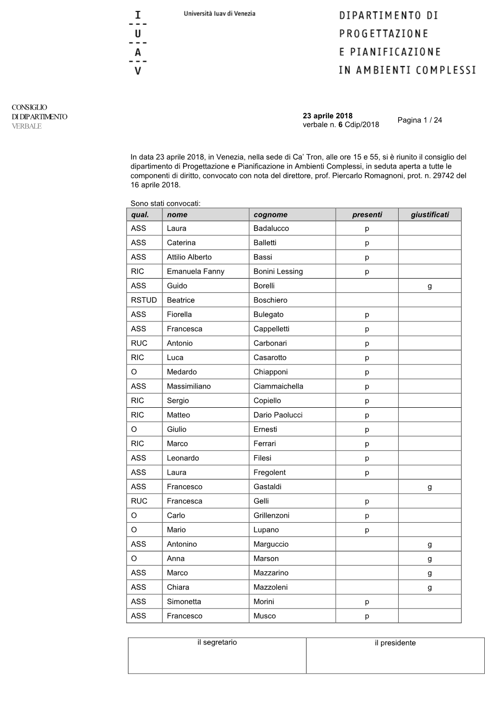 CONSIGLIO DI DIPARTIMENTO VERBALE Il Segretario Il Presidente