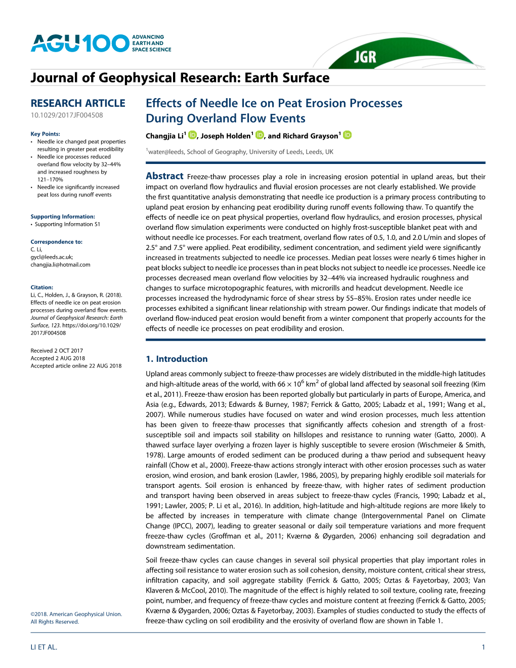 Effects of Needle Ice on Peat Erosion Processes During Overland Flow