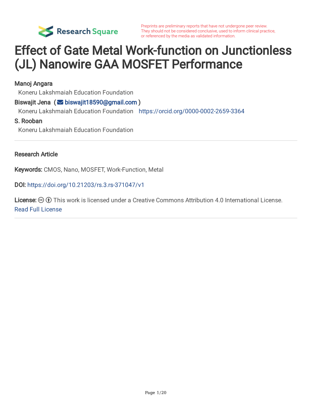 Effect of Gate Metal Work-Function on Junctionless (JL) Nanowire GAA MOSFET Performance
