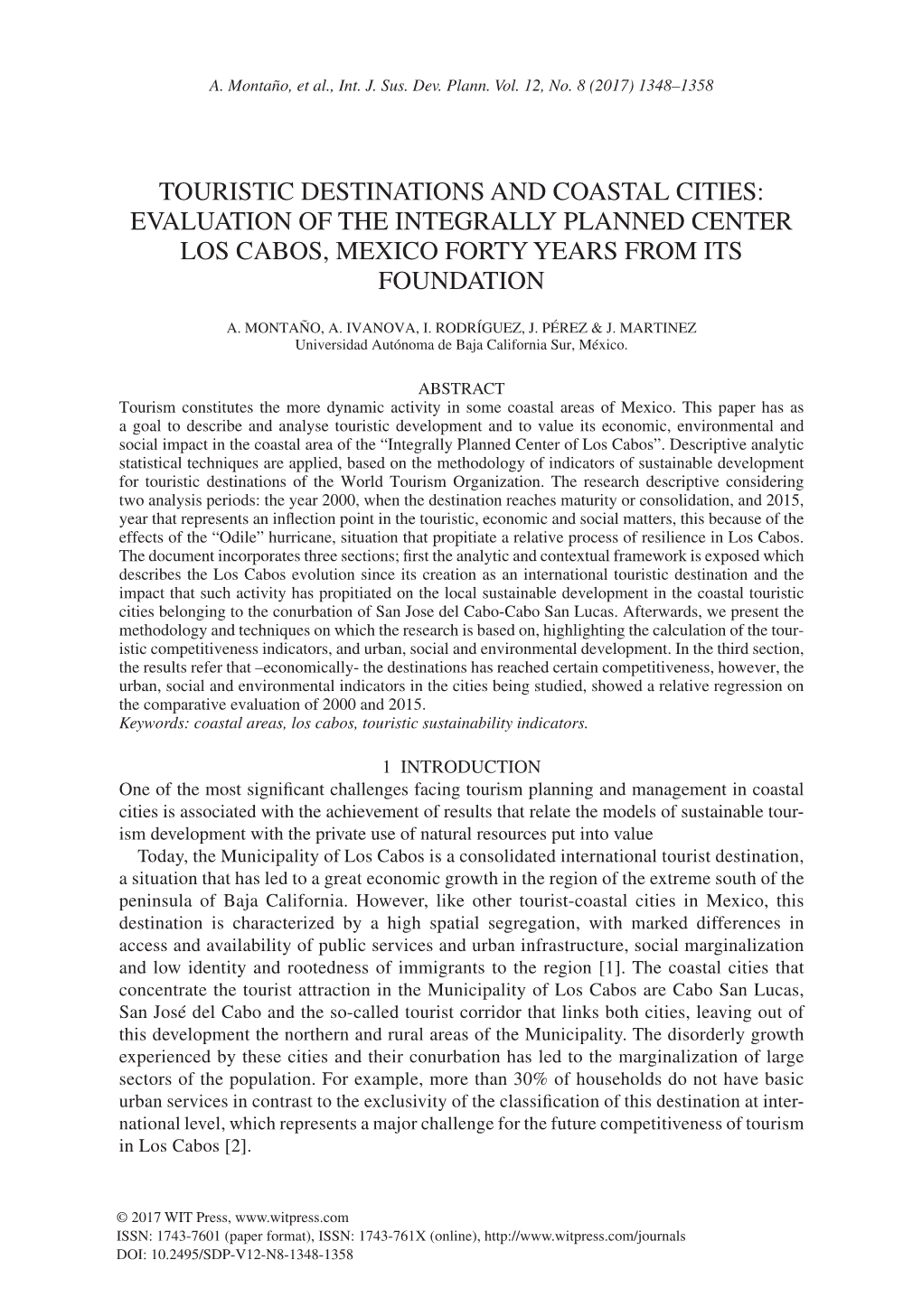 Evaluation of the Integrally Planned Center Los Cabos, Mexico Forty Years from Its Foundation