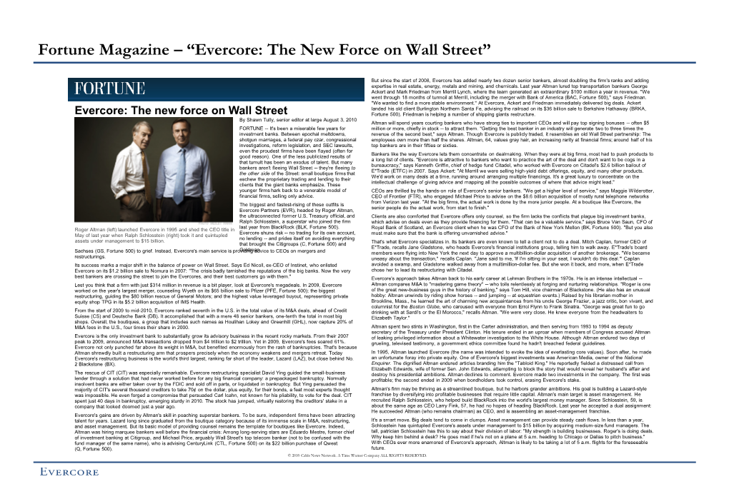 Fortune Magazine – “Evercore: the New Force on Wall Street”