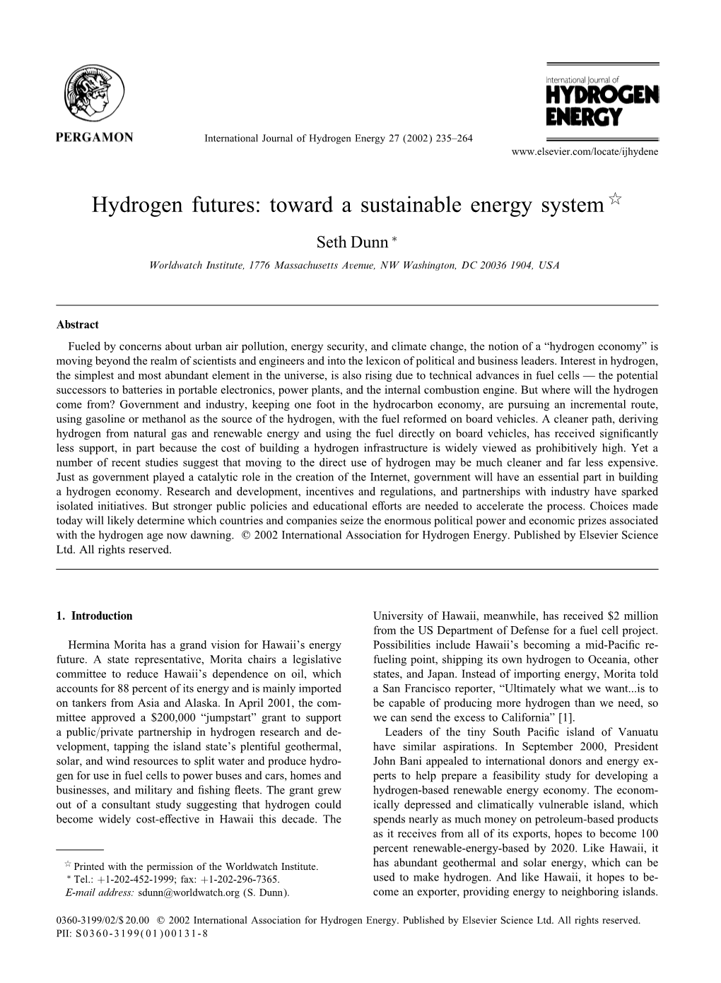 Hydrogen Futures: Toward a Sustainable Energy System 