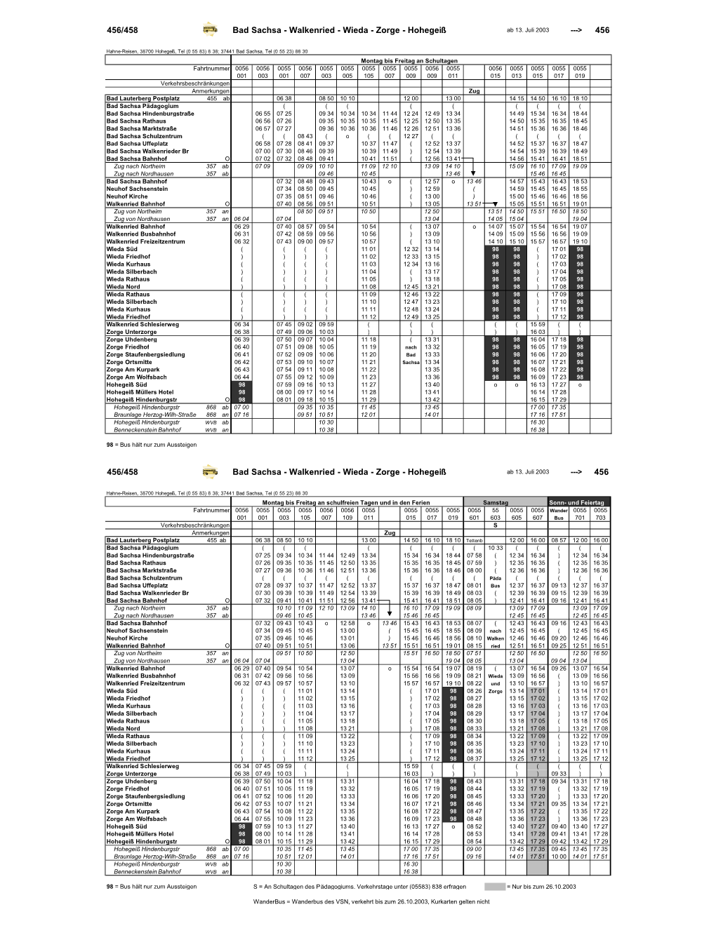 456/458 Bad Sachsa - Walkenried - Wieda - Zorge - Hohegeiß Ab 13