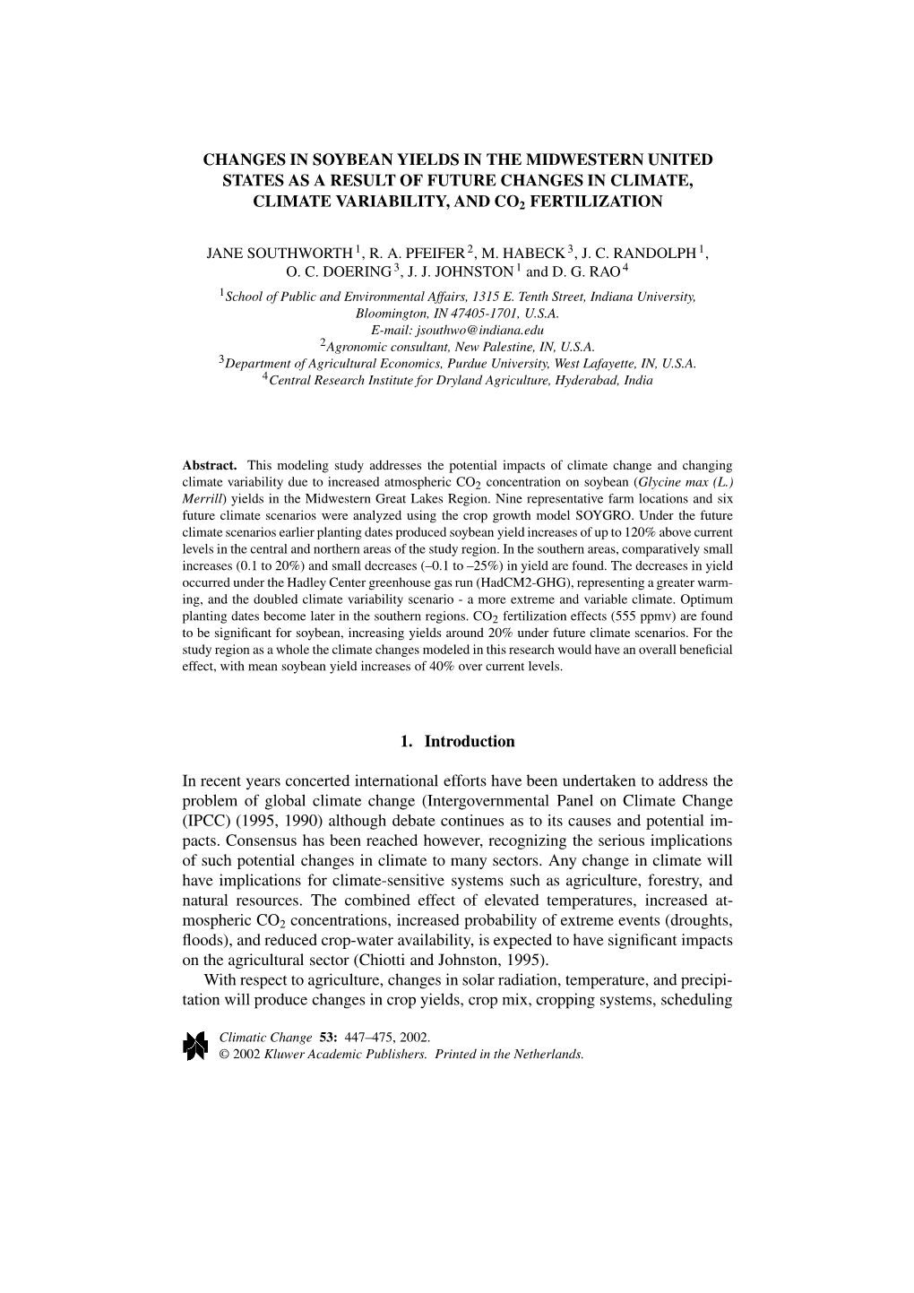 Changes in Soybean Yields in the Midwestern United States As a Result of Future Changes in Climate, Climate Variability, and Co2 Fertilization