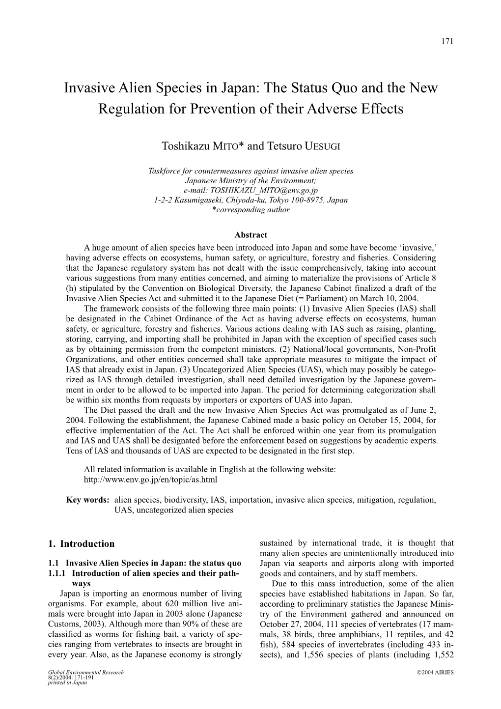 Invasive Alien Species in Japan: the Status Quo and the New Regulation for Prevention of Their Adverse Effects