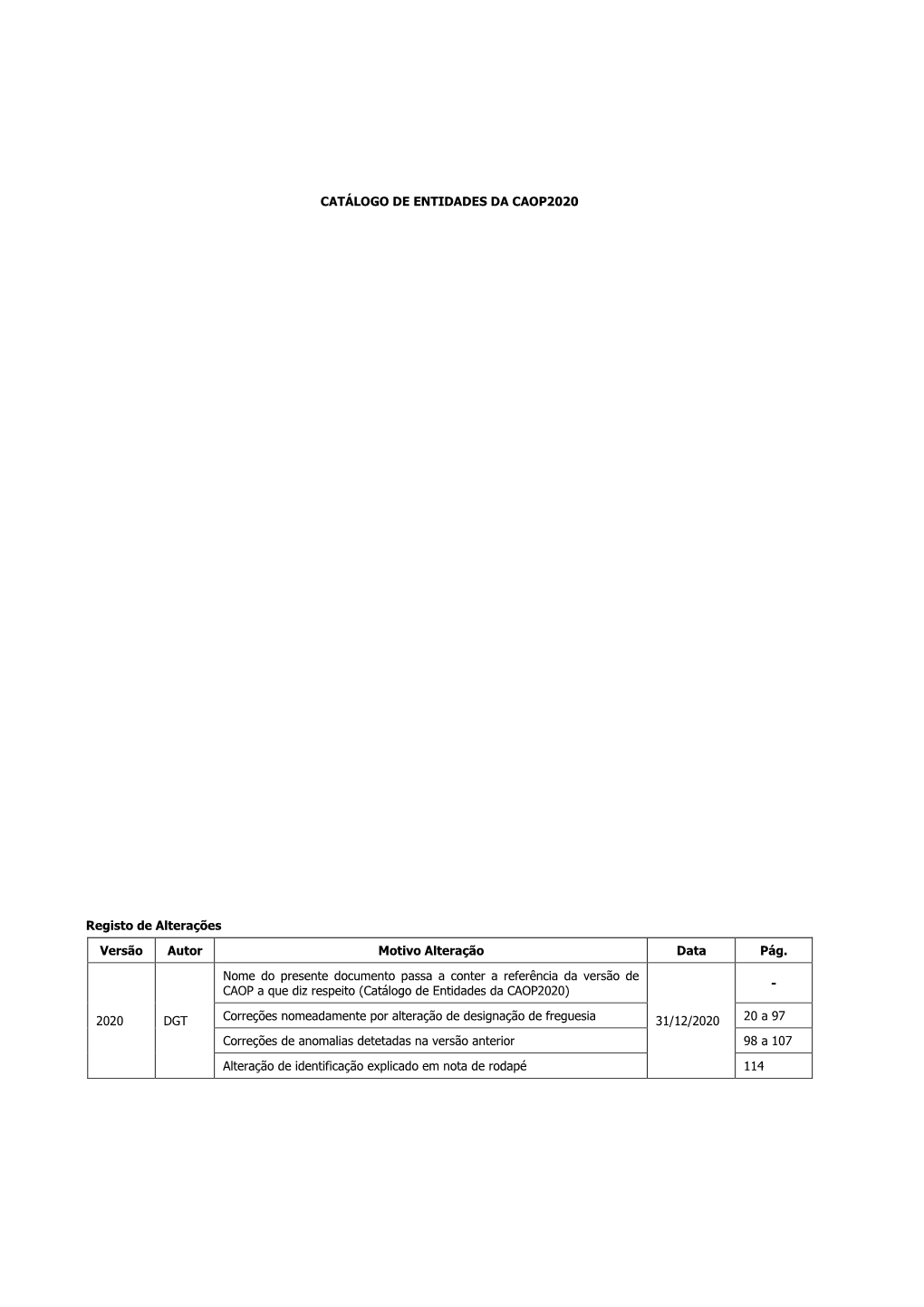 CATÁLOGO DE ENTIDADES DA CAOP2020 Registo De Alterações Versão Autor Motivo Alteração Data Pág. 2020 DGT Nome Do Presente