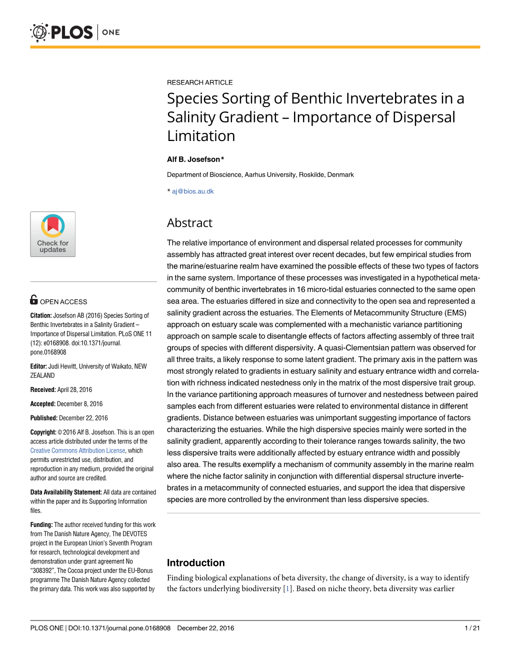 Species Sorting of Benthic Invertebrates in a Salinity Gradient – Importance of Dispersal Limitation